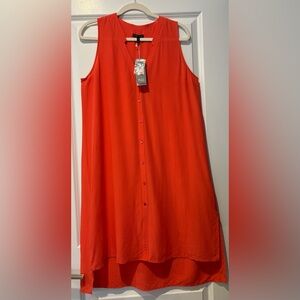 Eileen Fisher V-Neck Button Front High/Low Silk Dress Red/Orange/Geranium Medium